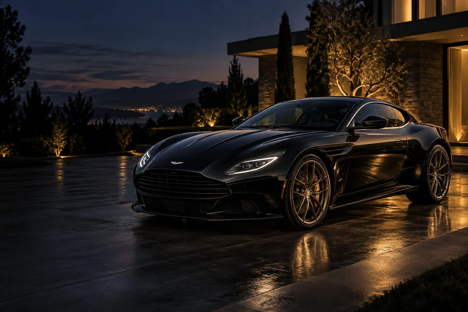 Black luxury grand tourer at dusk, freshly detailed by Elite Mobile Detail