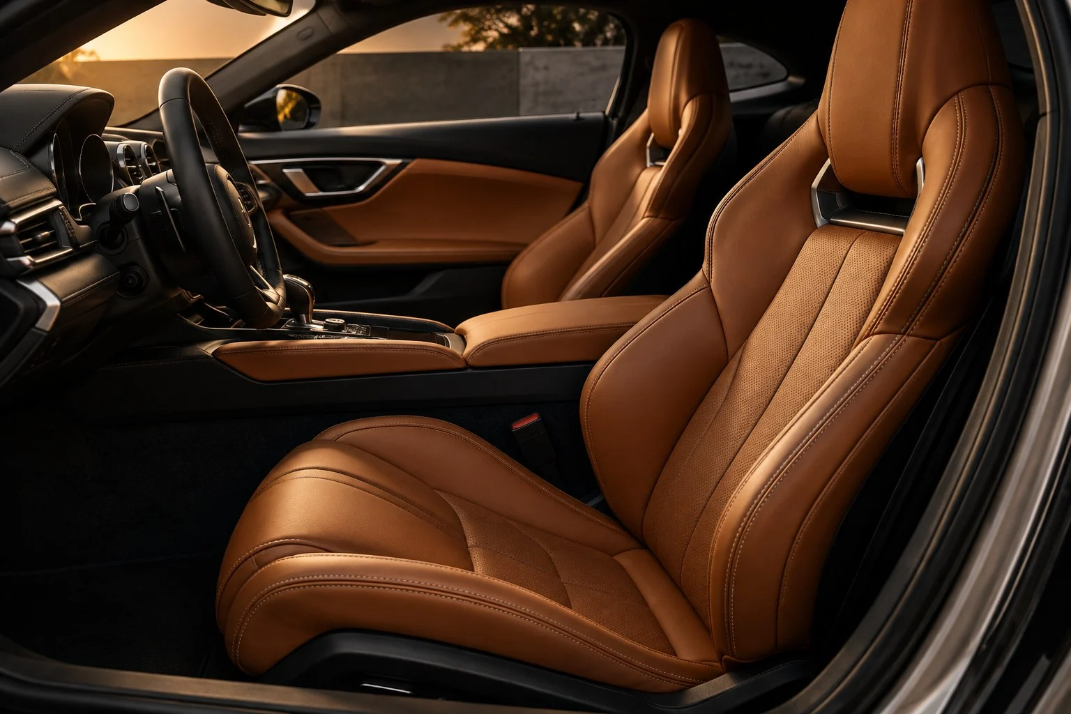Immaculate tan leather seats and refined dashboard of a luxury car interior